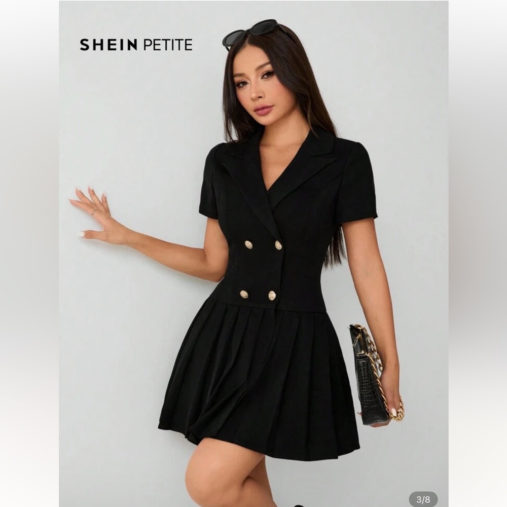 SHEIN PETITE Woven Solid Lapel Collar Double-Breasted Casual Pleated Black Dress